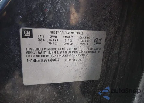 2016 Chevrolet Cruze Lt Auto из США, поврежденный, VIN 1G1BE5SM2G7304674